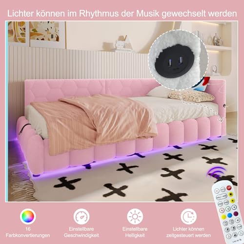 HYUB Polsterbett 90x200 cm, Tagesbett Einzelbett mit Rückenlehne und Bettkasten, Hydraulisches Bett mit Beleuchtung und Lattenrost, für Schlafzimmer und Gästezimmer, Vliesimitat, Rosa – Bild 6