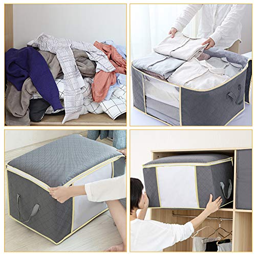 GEEDIAR Foldable Clothes Storage Bags,Set of 4 Large Capacity Closet Organizer with Zipper,Clothing Storage Containers with Reinforced Handle,Good for Comforters,Blankets,Clothes,Bedding,90L,Grey - Thumbnail 2
