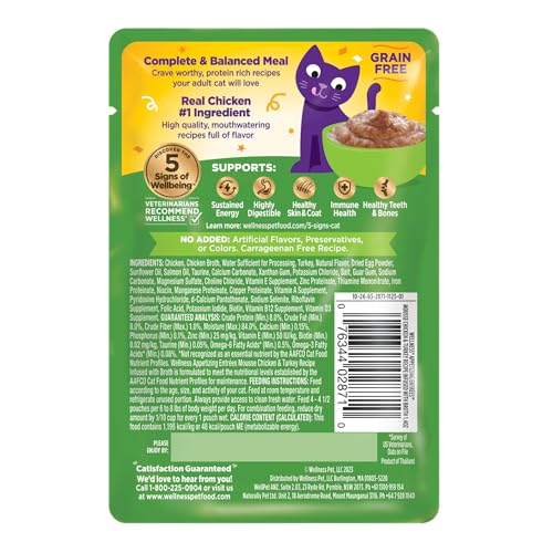 Image of Wellness Appetizing Entrees Mousse Adult Wet Cat Food, Natural, Protein Rich, Grain Free, Chicken and Turkey Recipe, 1.4 oz, Pack of 8 Pouches