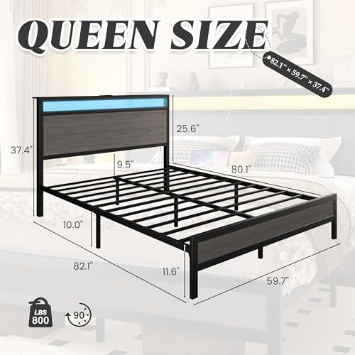 Image of Fluest Queen Bed Frame with Headboard & Footboard, Bed Frame with Built-in Charging Station & LED Light, Storage Shelf, Noise-Free, No Box Spring Needed, Easy Assembly, Rustic Grey