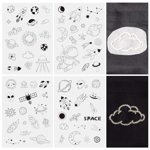 Image of Magibeads 68 Patterns Space Theme Water Soluble Embroidery Patterns Rocket Planets Astronauts Stick and Stitch Transfer Embroidery Paper for Adult Beginners Hand Sewing Starter Kit