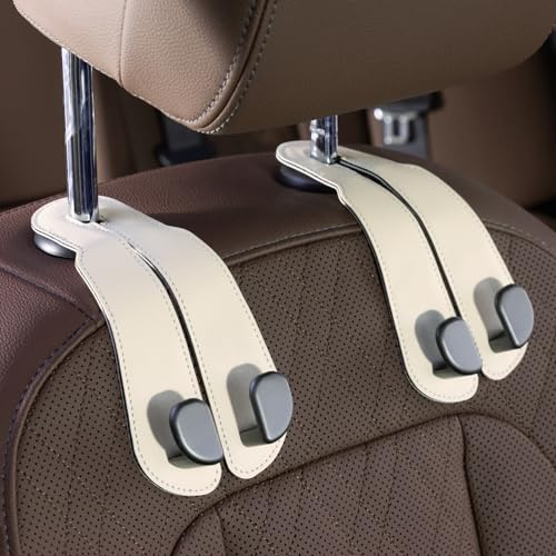 CoBak Headrest Hooks for Car - Universal Premium Stitched Leather and Aluminum-Magnesium Alloy Double Car Seat Back Storage Hook for Purses Handbags Bags (2 Pack) Beige