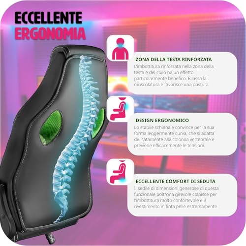 ® Sedia da Ufficio Ergonomica, Sedia Scrivania con Rotazione 360°, Imbottitura Confortevole, Rivestimento Similpelle, Poltrona Gaming con Altezza Regolabile, 5 Rotelle Doppie - Nero/Verde - Sedia gaming - Immagine 5