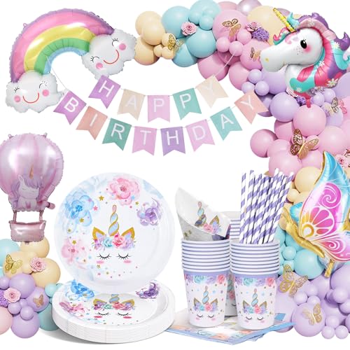 yosiio Unicorn Party Tableware Set Butterfly Theme Party Supplies Unicorn Birthday Decoration Set Paper Plates with Butterfly Balloons for Kids Birthday Baby Shower 16 Guests