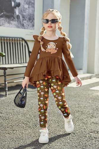 Image of Arshiner Toddler Girl Clothes Ruffle Trim Long Sleeve Pullover Top and Floral Print Leggings Fall Outfits Kids Clothing Sets