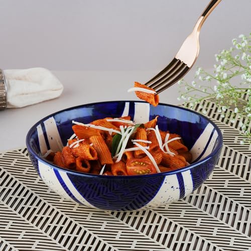 Image of BLACKCARROT Premium Stoneware Ceramic Bowls Set of 2 | 750 ml Each, Bone Ash-Free, Microwave Safe Salad & Pasta Bowls | Elegant Blue Splash Design