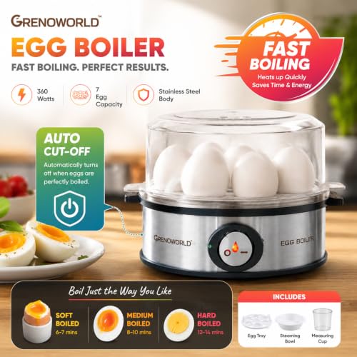 Image of Egg Boiler | Premium Stainless Steel Body | 7 Egg Capacity | 360W Fast Boiling | Steaming Bowl Included | Food Grade Transparent Lid | Electric Egg Cooker with Tray | 1 Year Warranty