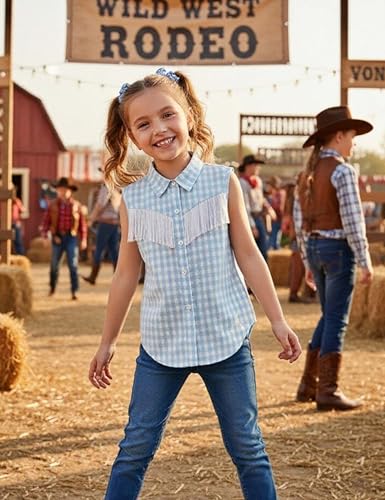 Image of Girls Fringe Shirt Sleeveless Button Down Western Cowgirl Tassel Trim Casual Blouse Shirt Top 4-13Y