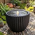 Giantex 18" Round Outdoor Water Fountain with 6 LED Lights, Stone Gray Resin Sphere Waterfall Feature with Adjustable Pump, Lighted Bubbling Fountain for Garden Patio Porch Decor (17.5" Dia. x 14" H)