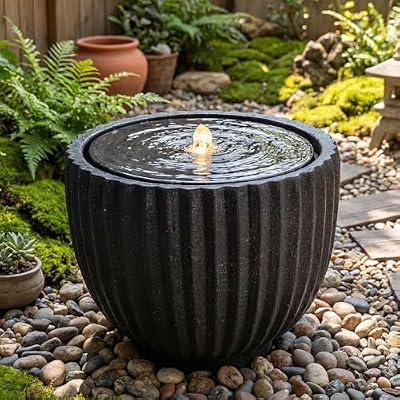 Giantex 18" Round Outdoor Water Fountain with 6 LED Lights, Stone Gray Resin Sphere Waterfall Feature with Adjustable Pump, Lighted Bubbling Fountain for Garden Patio Porch Decor (17.5" Dia. x 14" H)