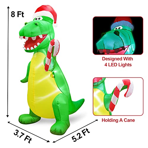 Turnmeon 8 Feet Giant Christmas Inflatables Dinosaur Decoration Outdoor Blow Up Dino With Candy Cane Xmas Hat Led Lights Tethers Stakes Christmas Decorations Outdoor Yard Lawn Garden Decor Holiday #TOP1