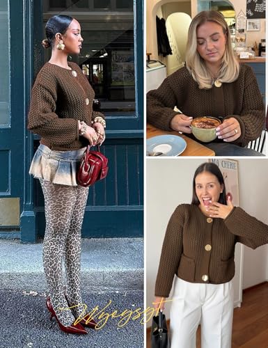 Image of Wyeysyt Womens Cropped Cardigan Sweaters Chunky Knit Gold Button Down Open Front Cardigan Long Sleeve Crop Crochet Sweaters