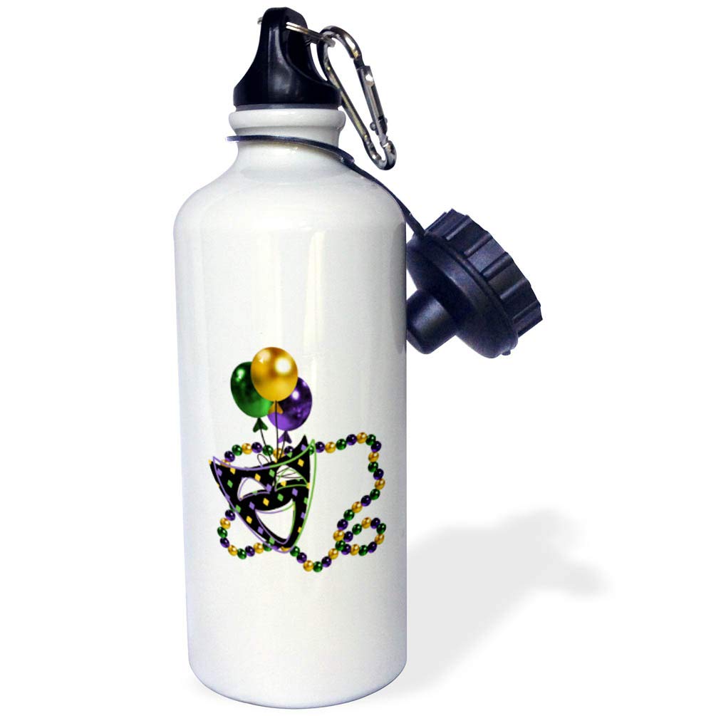 3dRose Mardi Gras Mask and Beads-Sports Water Bottle 21 oz White