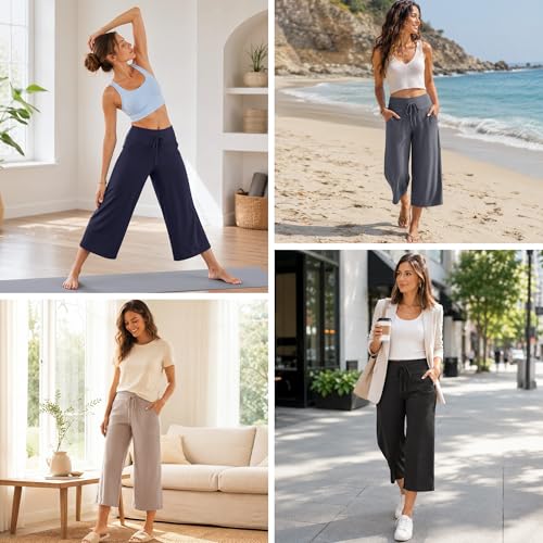 Image of TNNZEET 3 Pack Women's Wide Leg Pants with Pockets - Casual Loose Yoga Trouser Pants Sweatpants Palazzo Lounge Pajama Pants