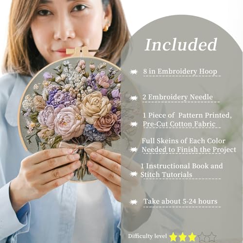 Image of FONNUY Bouquet Flowers Embroidery Kit for Beginners, Pre-Stamped Pattern Kits for Adults with Hoop, Easy to Follow Color Thread Needlework, 8'' Hoop (Timeless Elegance)