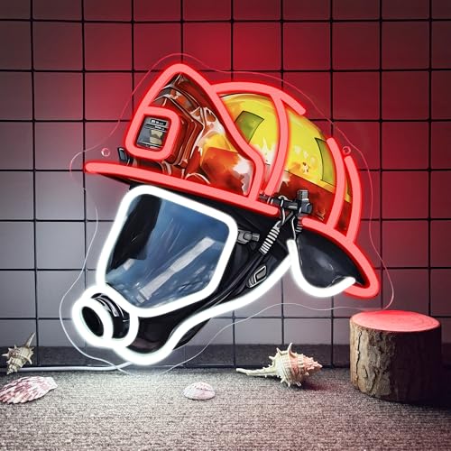 Image of Mutank Firefighting Helmet Neon Sign, Hero Decor Neon Light USB Powered LED Dimmable, for Fireman Helmet Neon Sign Hero Firefighting Sign Fire Station Wall Decor(12.9 * 12.5 In)