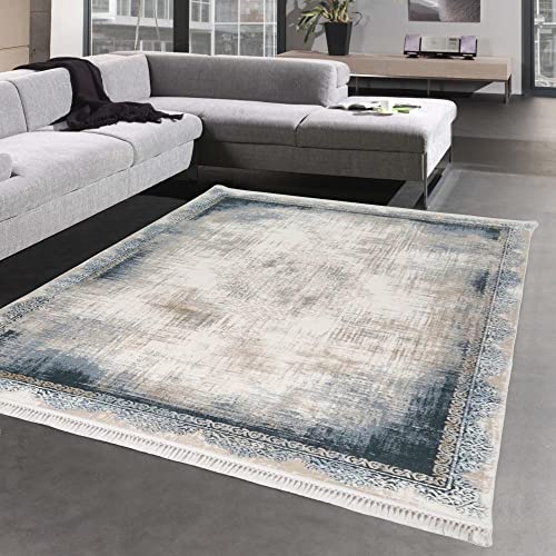 CARPETIA Tapis d'Orient en Laine avec Franges | Design délavé | crème Bleu Größe 120x180 cm