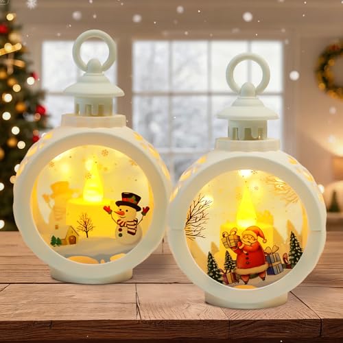 2 Stück Weihnachts Schneekugel Laterne, Flammenlose Weihnachtskerzen,...