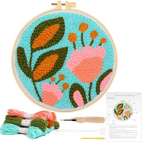 Image of KESTAR Punch Needle Embroidery Starter Kits, Tulip Flower Punch Needle Kits for Adults Beginner, Needle Punch Kit Tool with Instruction Threader Fabric Yarns and Hoop