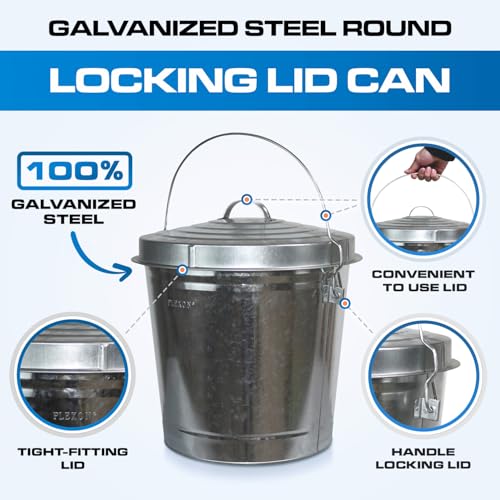 Image of Plexon 10 Gallon Trash Can with Locking Lid Galvanized Metal Bucket for Poultry Feed Bird Seed Storage Ash Outside Garbage Can with Lid, 3 Pack