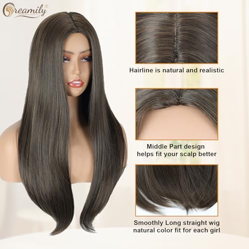 Image of Creamily 18 Inch Long Straight Brown Hair Wig for Women Full Head Natural Looking Synthetic Heat Resistant Wigs for Daily Party Cosplay Use