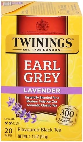 Twinings Earl Grey Lavender Black Bergamot Tea Bags, 20 CT Box (1 Pack) | A Citrusy, Floral, Aromatic Black Tea, Naturally Caffeinated, 20 Foil Lined Individually Wrapped Bags, Enjoy Hot or Iced