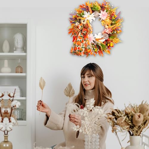 24" Fall Wreaths for Front Door Outside, Autumn Thanksgiving Harvest Wreath with Pumpkins Dahlias Pinecones & Bow Farmhouse Decoration for Porch Wall Indoor