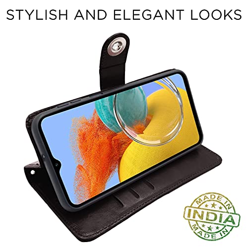 Image of Pikkme Samsung Galaxy M14 5G Flip Cover Leather Finish | Inside TPU with Card Pockets | Wallet Stand and Shock Proof | Complete Protection Button Flip Case (Coffee)