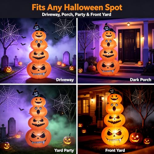 Image of 8FT Halloween Inflatable Stacked Pumpkins with Black Cat & LED Lights