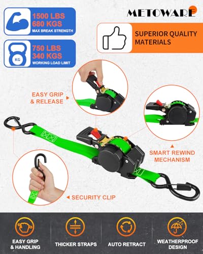 Image of METOWARE Retractable Ratchet Straps (2-Pack) - 1 in x 10 Ft (1500lb Break Strength) - Heavy Duty Auto Self Retracting Tie Down Straps for Truck, Trailer, Cargo Van, Motorcycle - Green