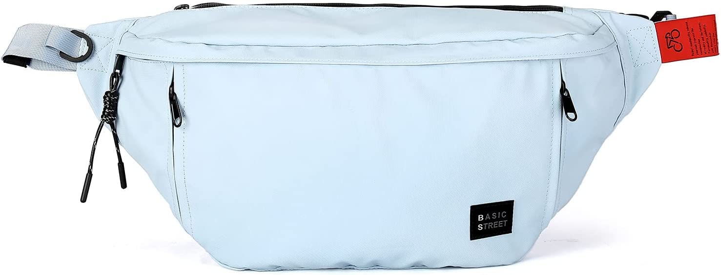 Large Crossbody Fanny Pack for Women Men,Waterproof Waist Bag Pack with Adjustable Strap & 5-Zipper Pockets,Carrying iPad.Light Blue Small, Blue