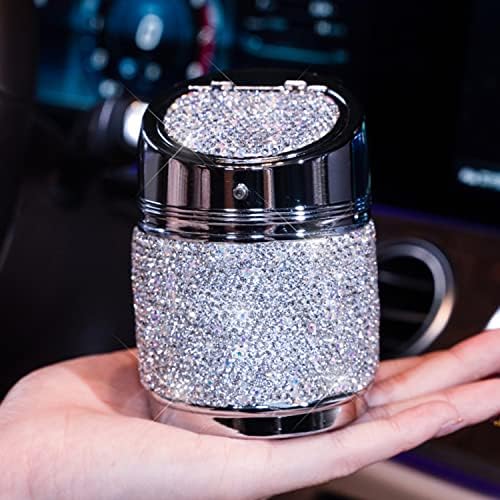 THIKPO Stylish Diamond Car Ashtray with Lid,Detachable Stainless Steel - Portable Mini Trash Can for Vehicle Outdoor Home Use, White Diamond - Fashionable, Durable, Fire-Resistant, Easy to Clean.