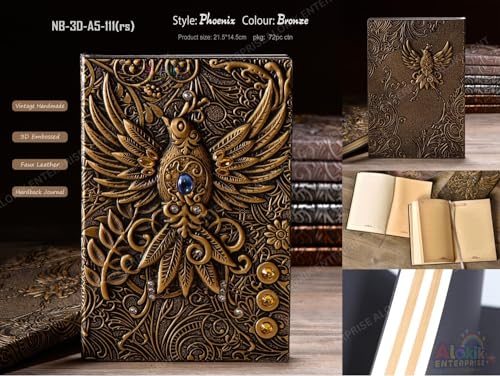 Image of MANAKI 3D Phoenix Bronze DND Vintage Leather Journal Writing Notebook with 200 Pages A5 Journal Diary,Antique Handmade Leather Diary,Travel Diary&Notebooks to Write in,Diary Gift for Men Women