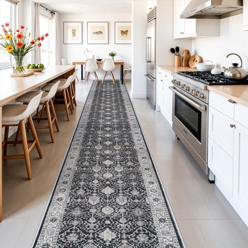 Hallway Washable Runner Rug - 3x16 Kitchen Rugs Entryway Rug Runner Vintage Soft Floor Mat Non Slip Indoor Farmhouse Carpet for Bathroom Living Room Bedroom (3 X 16, Black)