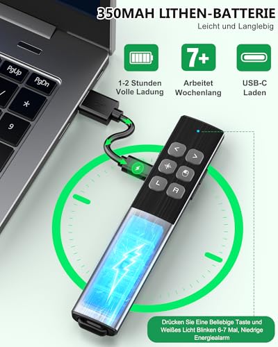 2 in 1 Presenter, USB C Maus Presenter Präsentations Presenter mit Hyperlink/Lautstärkeregler/Vollbild-/Schwarzbild, kabelloser 2.4 GHz Präsentationspointer für Windows/Linux/PowerPoint/Google