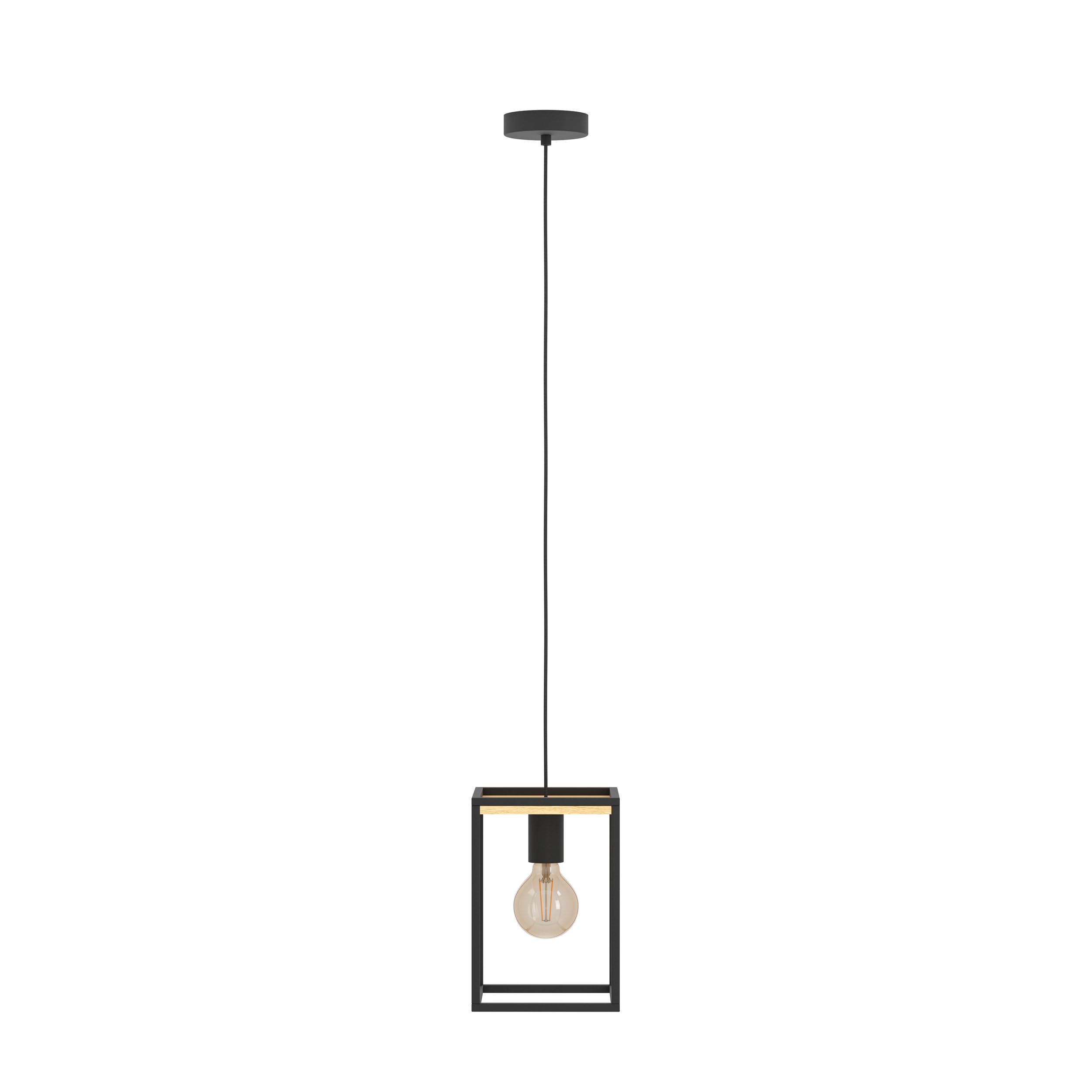 Eglo Suspension luminaire Libertad, lustre chambre en métal noir et bois | naturel, plafonnier salon ou salle à manger, douille E27
