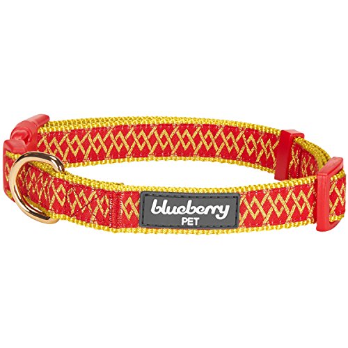 Blueberry Pet 4 Patterns Gold Metallic Thread Zigzag True Red Adjustable Dog Collar, Medium, Neck 14.5'-20'