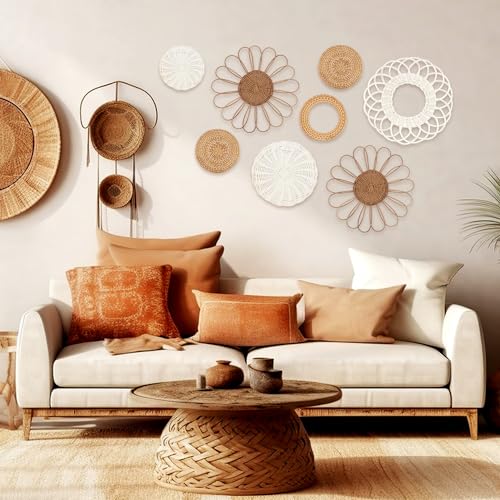 YiYa Set of 8 Boho Wall Decor Rattan Flower Wall Basket Decor Round Hand Woven Rattan Wall Art Hanging Wall Art for Living Rooms Farmhouse Living Rooms Nursery - Image 4