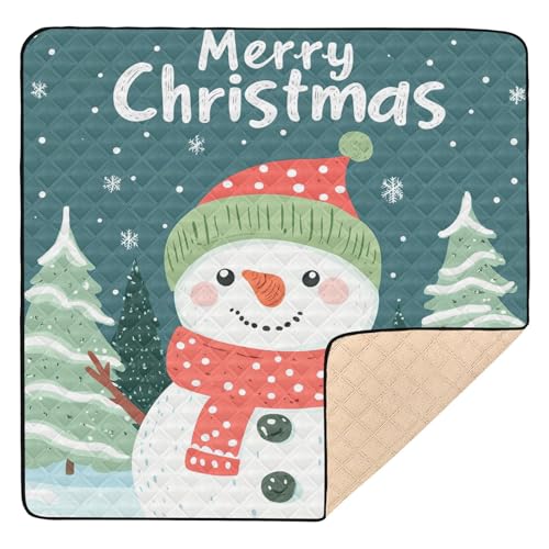 BOESI Doodle Cute Snowman Pattern Baby Play Mat, 50“ X 50” Washable Folding Crawling Mat, Baby Floor Mat, Soft, Thick, Non-Slip