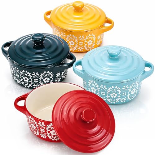 Image of Goaste 4 Pack Porcelain Ramekins with Lids, 7 OZ Mini Casserole Dish with Handles, Round Ceramic Cocotte Bowl Set, Individual Small Baking Dish for Souffle, Creme Brulee, Lava Cake, Soup (4 Colors)