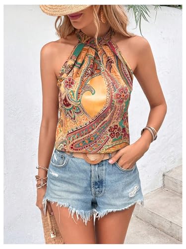 Image of RoseSeek Women's Tropical Paisley Halter Blouse Boho Shirt Vacation Tops | Polka Dots Print, Halter Tops, Summer Tops, Going Out Tops, Beach, Dressy Tops, Boho Blouses