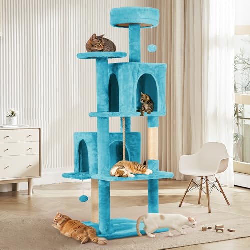 Image of 57inch Large Cat Tree Tower Condo for Indoor Cats, Soft Plush Multi-Level Climbing Tree Cat House with Cat Cave, Scratching Post, More Entrance /Exit, Sisal Rope, Light Blue