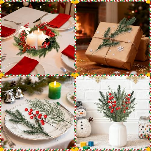 ASTNIC Tannenzweige Künstliche wie Echt Weihnachten, Tannengrün Künstlich Rote Beeren Weihnachten Deko, 65 Stück Kunst Tannenzweige Holly Zweige mit Beeren für Adventskranz Deko Basteln Winterdeko