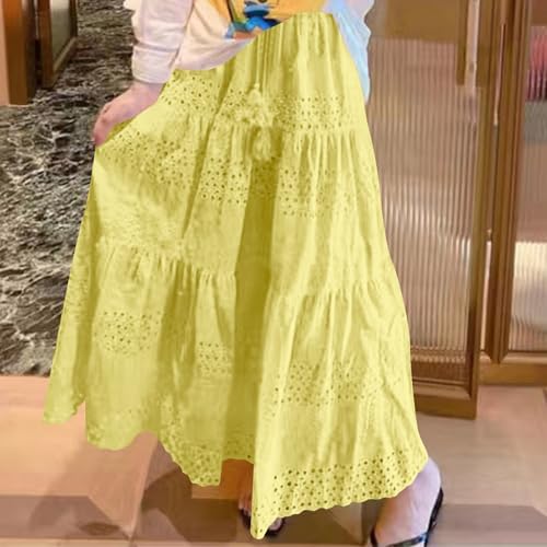 Womens Boho Casual Skirts 2025 Lace Embroidery Eyelet Elastic Waist Skirt Solid Color Loose Flowy Tiered Maxi Skirts3