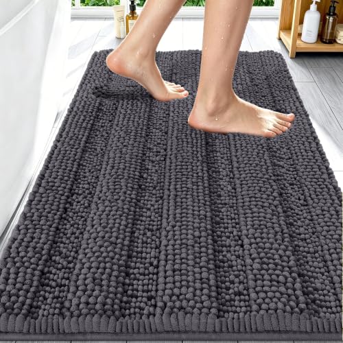 Image of Smiry Thick Chenille Bathroom Rugs 30x20, Extra Soft Absorbent Striped Bath Mat, Machine Washable, Rubber Backing, Bath Rugs for Tub & Shower, Modern Home Decor Accessories, Dark Grey