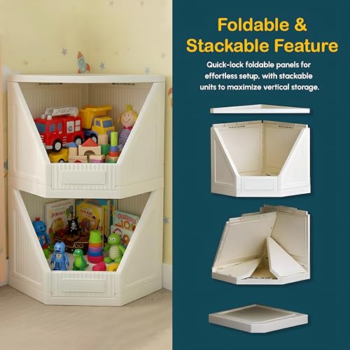 Image of HOMIFLY 2 Tier Corner Storage Cabinet /Stackable Plastic Cupboard for Storage /Foldable Wardrobe for Clothes /Toys Storage Organizer /Cabinet for Kitchen, Bathroom, Living Room (White)