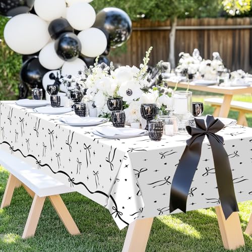 Image of Avezano 3 pcs Black Bow Tablecloths 108 x 54 inch Bow Birthday Decorations Black and White Coquette Plastic Table Cover Disposable Bachelorette Party Supplies
