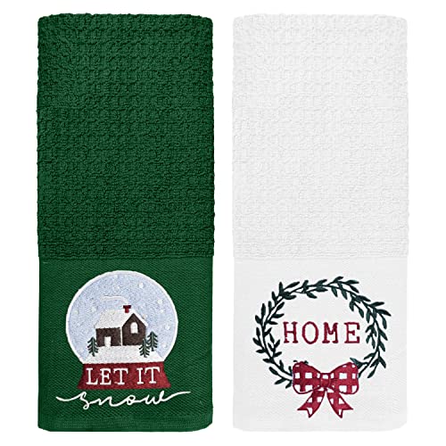 Dan River Embroidered Kitchen Towels Set (16X26” White & Green 2-Pcs) Soft Absorbent 100% Cotton Tea Decorative Dishtowel Set For Cleaning, Bar, Party, Gifts, And Home Purpose #TOP12