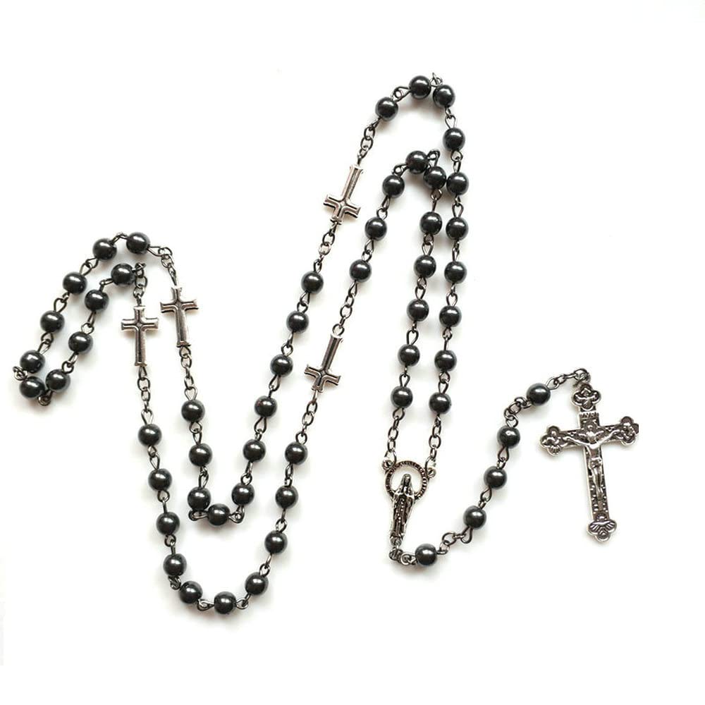 Natural Black Hematite Gemstone with Crucifix Long Beads Necklace Pendant for Women Men Christian Values Crucifix Honor Veterans Rosary for First Communion Christian Jewelry