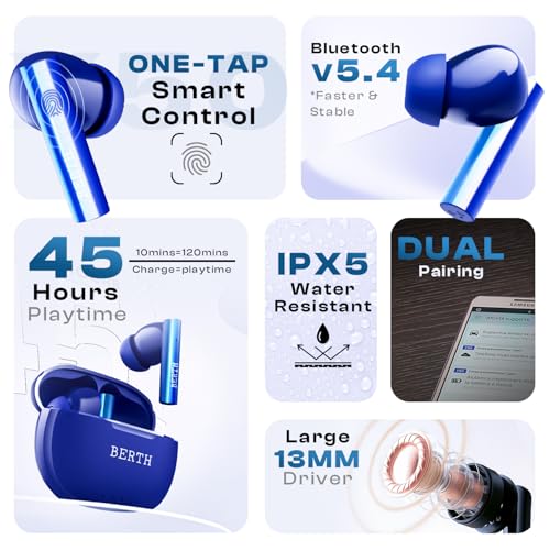 Image of BERTH X50 Wireless Earbuds 45H Playtime, Dual Pairing, 13mm Speakers, ENC, IPX5, 45ms Low Latency True Wireless Bluetooth, Fast Charging, Bluetooth Wireless Earbuds (Blue)
